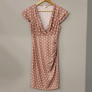 Dusky pink polka dot flutter sleeve dress